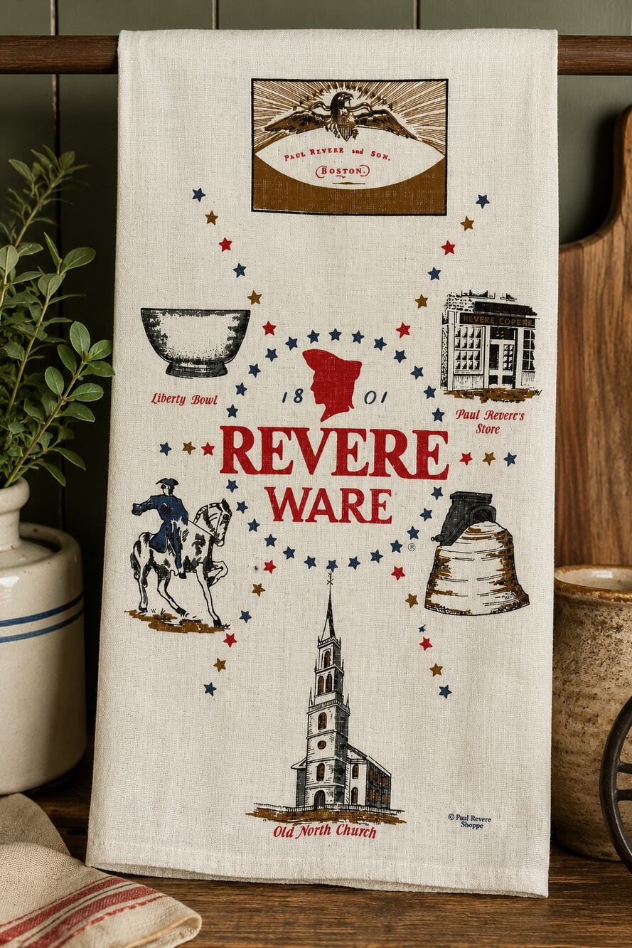 Vintage Revere Ware Boston Tea Towel Paul Revere Americana Linen 26 x 16